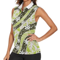 Olive Tahiti Tiare Monstera Women Sleeveless Polo Shirt Polynesian Pattern Curve Style - Polynesian Pride