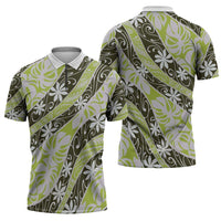 Olive Tahiti Tiare Monstera Zipper Polo Shirt Polynesian Pattern Curve Style - Polynesian Pride