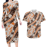 Puatou Tahiti Tiare Monstera Couples Matching Long Sleeve Bodycon Dress and Hawaiian Shirt Polynesian Pattern Curve Style - Polynesian Pride