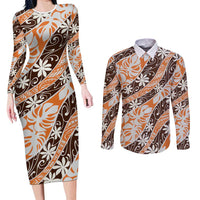 Puatou Tahiti Tiare Monstera Couples Matching Long Sleeve Bodycon Dress and Long Sleeve Button Shirt Polynesian Pattern Curve Style - Polynesian Pride