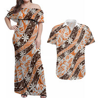 Puatou Tahiti Tiare Monstera Couples Matching Off Shoulder Maxi Dress and Hawaiian Shirt Polynesian Pattern Curve Style - Polynesian Pride