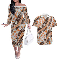 Puatou Tahiti Tiare Monstera Couples Matching Off The Shoulder Long Sleeve Dress and Hawaiian Shirt Polynesian Pattern Curve Style - Polynesian Pride