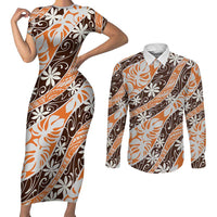 Puatou Tahiti Tiare Monstera Couples Matching Short Sleeve Bodycon Dress and Long Sleeve Button Shirt Polynesian Pattern Curve Style - Polynesian Pride