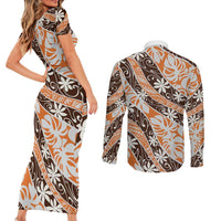 Puatou Tahiti Tiare Monstera Couples Matching Short Sleeve Bodycon Dress and Long Sleeve Button Shirt Polynesian Pattern Curve Style - Polynesian Pride