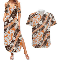 Puatou Tahiti Tiare Monstera Couples Matching Summer Maxi Dress and Hawaiian Shirt Polynesian Pattern Curve Style - Polynesian Pride