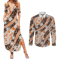 Puatou Tahiti Tiare Monstera Couples Matching Summer Maxi Dress and Long Sleeve Button Shirt Polynesian Pattern Curve Style - Polynesian Pride