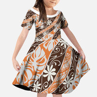 Puatou Tahiti Tiare Monstera Family Matching Long Sleeve Bodycon Dress and Hawaiian Shirt Polynesian Pattern Curve Style LT01 Daughter's Dress Orange - Polynesian Pride