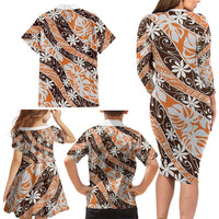 Puatou Tahiti Tiare Monstera Family Matching Long Sleeve Bodycon Dress and Hawaiian Shirt Polynesian Pattern Curve Style LT01 - Polynesian Pride