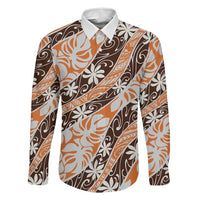 Puatou Tahiti Tiare Monstera Family Matching Long Sleeve Bodycon Dress and Hawaiian Shirt Polynesian Pattern Curve Style LT01 Dad's Shirt - Long Sleeve Orange - Polynesian Pride