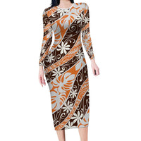 Puatou Tahiti Tiare Monstera Family Matching Long Sleeve Bodycon Dress and Hawaiian Shirt Polynesian Pattern Curve Style LT01 Mom's Dress Orange - Polynesian Pride