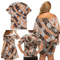 Puatou Tahiti Tiare Monstera Family Matching Off Shoulder Short Dress and Hawaiian Shirt Polynesian Pattern Curve Style - Polynesian Pride