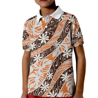 Puatou Tahiti Tiare Monstera Kid Polo Shirt Polynesian Pattern Curve Style LT01 Kid Orange - Polynesian Pride