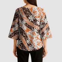 Puatou Tahiti Tiare Monstera Kimono Sleeve Blouse Polynesian Pattern Curve Style - Polynesian Pride