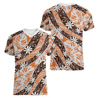 Puatou Tahiti Tiare Monstera Women V-Neck T-Shirt Polynesian Pattern Curve Style - Polynesian Pride