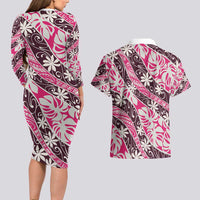 Tarona Tahiti Tiare Monstera Couples Matching Long Sleeve Bodycon Dress and Hawaiian Shirt Polynesian Pattern Curve Style - Polynesian Pride