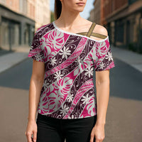 Tarona Tahiti Tiare Monstera Cross Shoulder Shirt Polynesian Pattern Curve Style LT01 - Polynesian Pride