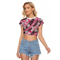 Tarona Tahiti Tiare Monstera Raglan Cropped T Shirt Polynesian Pattern Curve Style - Polynesian Pride