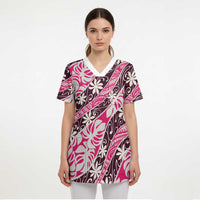 Tarona Tahiti Tiare Monstera Scrub Top Polynesian Pattern Curve Style - Polynesian Pride