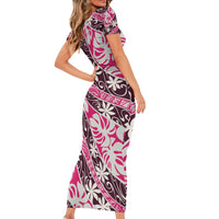 Tarona Tahiti Tiare Monstera Short Sleeve Bodycon Dress Polynesian Pattern Curve Style - Polynesian Pride