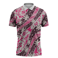 Tarona Tahiti Tiare Monstera Zipper Polo Shirt Polynesian Pattern Curve Style LT01 Pink - Polynesian Pride