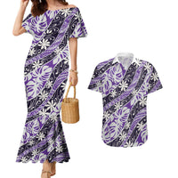 Vareau Tahiti Tiare Monstera Couples Matching Mermaid Dress and Hawaiian Shirt Polynesian Pattern Curve Style LT01 Purple - Polynesian Pride