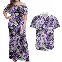 Vareau Tahiti Tiare Monstera Couples Matching Off Shoulder Maxi Dress and Hawaiian Shirt Polynesian Pattern Curve Style LT01 Purple - Polynesian Pride