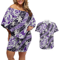 Vareau Tahiti Tiare Monstera Couples Matching Off Shoulder Short Dress and Hawaiian Shirt Polynesian Pattern Curve Style LT01 Purple - Polynesian Pride