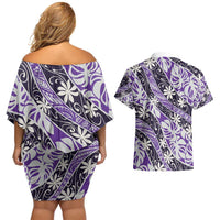 Vareau Tahiti Tiare Monstera Couples Matching Off Shoulder Short Dress and Hawaiian Shirt Polynesian Pattern Curve Style - Polynesian Pride