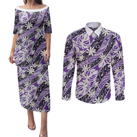 Vareau Tahiti Tiare Monstera Couples Matching Puletasi and Long Sleeve Button Shirt Polynesian Pattern Curve Style LT01 Purple - Polynesian Pride
