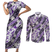 Vareau Tahiti Tiare Monstera Couples Matching Short Sleeve Bodycon Dress and Long Sleeve Button Shirt Polynesian Pattern Curve Style LT01 Purple - Polynesian Pride