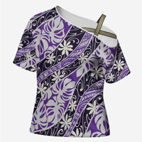Vareau Tahiti Tiare Monstera Cross Shoulder Shirt Polynesian Pattern Curve Style LT01 Female Purple - Polynesian Pride