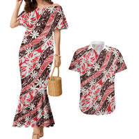Uteute Tahiti Tiare Monstera Couples Matching Mermaid Dress and Hawaiian Shirt Polynesian Pattern Curve Style LT01 Red - Polynesian Pride