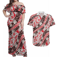 Uteute Tahiti Tiare Monstera Couples Matching Off Shoulder Maxi Dress and Hawaiian Shirt Polynesian Pattern Curve Style - Polynesian Pride