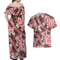 Uteute Tahiti Tiare Monstera Couples Matching Off Shoulder Maxi Dress and Hawaiian Shirt Polynesian Pattern Curve Style LT01 - Polynesian Pride