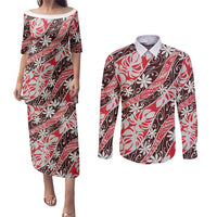 Uteute Tahiti Tiare Monstera Couples Matching Puletasi and Long Sleeve Button Shirt Polynesian Pattern Curve Style LT01 Red - Polynesian Pride