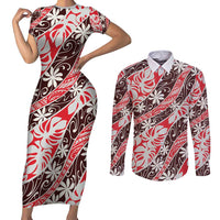 Uteute Tahiti Tiare Monstera Couples Matching Short Sleeve Bodycon Dress and Long Sleeve Button Shirt Polynesian Pattern Curve Style LT01 Red - Polynesian Pride