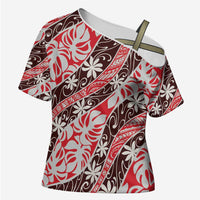 Uteute Tahiti Tiare Monstera Cross Shoulder Shirt Polynesian Pattern Curve Style LT01 Female Red - Polynesian Pride