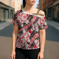 Uteute Tahiti Tiare Monstera Cross Shoulder Shirt Polynesian Pattern Curve Style LT01 - Polynesian Pride