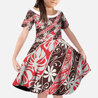 Uteute Tahiti Tiare Monstera Family Matching Puletasi and Hawaiian Shirt Polynesian Pattern Curve Style LT01 Daughter's Dress Red - Polynesian Pride