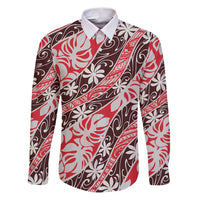 Uteute Tahiti Tiare Monstera Family Matching Puletasi and Hawaiian Shirt Polynesian Pattern Curve Style LT01 Dad's Shirt - Long Sleeve Red - Polynesian Pride