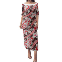 Uteute Tahiti Tiare Monstera Family Matching Puletasi and Hawaiian Shirt Polynesian Pattern Curve Style LT01 Mom's Dress Red - Polynesian Pride