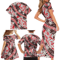 Uteute Tahiti Tiare Monstera Family Matching Short Sleeve Bodycon Dress and Hawaiian Shirt Polynesian Pattern Curve Style - Polynesian Pride