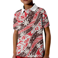 Uteute Tahiti Tiare Monstera Kid Polo Shirt Polynesian Pattern Curve Style LT01 Kid Red - Polynesian Pride