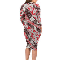 Uteute Tahiti Tiare Monstera Long Sleeve Bodycon Dress Polynesian Pattern Curve Style - Polynesian Pride