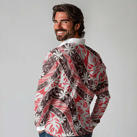 Uteute Tahiti Tiare Monstera Long Sleeve Polo Shirt Polynesian Pattern Curve Style - Polynesian Pride