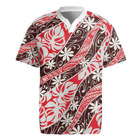 Uteute Tahiti Tiare Monstera Rugby Jersey Polynesian Pattern Curve Style LT01 Red - Polynesian Pride