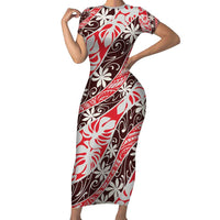 Uteute Tahiti Tiare Monstera Short Sleeve Bodycon Dress Polynesian Pattern Curve Style LT01 Long Dress Red - Polynesian Pride