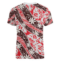 Uteute Tahiti Tiare Monstera Women V-Neck T-Shirt Polynesian Pattern Curve Style LT01 - Polynesian Pride