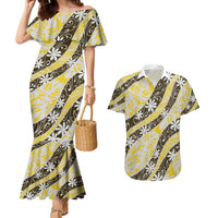 Rearea Tahiti Tiare Monstera Couples Matching Mermaid Dress and Hawaiian Shirt Polynesian Pattern Curve Style LT01 Yellow - Polynesian Pride
