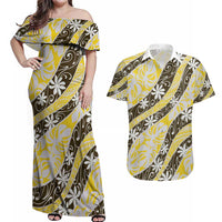 Rearea Tahiti Tiare Monstera Couples Matching Off Shoulder Maxi Dress and Hawaiian Shirt Polynesian Pattern Curve Style LT01 Yellow - Polynesian Pride